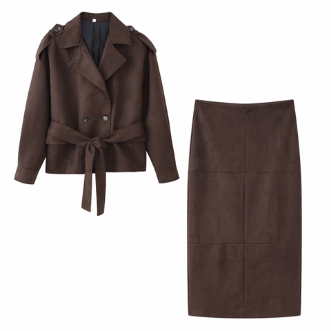 Suede Jas En Rok Outfit Double Breasted Revers Met Riem Kort Jasje Midi Rechte Rok Effen Kleur Dames
