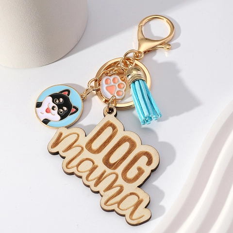 Dog Mama Keychain Wood Metal Enamel Dog Charm Paw Print Tassel Key Ring Gift For Pet Lovers Women