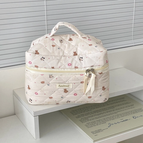 Borsa Trucco In Cotone Trapuntato Simpatico Orso Ciambella Stampa Grande Capacità Organizzatore Da Viaggio Pochette Portatile