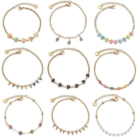 14K Gold Plated Stainless Steel Pendants Bracelet For Women Girls With Enamel Mushroom Evil Eye Heart Star Charms Adjustable Fashion Jewelry Gift