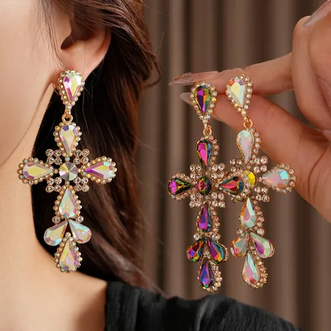 Pendientes Colgantes De Cruz Vintage Con Diamantes De Imitación De Colores Y Postes De Plata Joyería Barroca Para Mujer