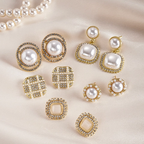 Pendientes De Aleación De Imitación Perla Artificial Diamantes Con Poste De Plata De Ley 925 Geométricos Vintage Moda Mujer