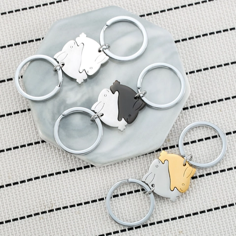 Porte-clés Créatif en Acier Inoxydable Lapin Qui s'Embrasse pour Couples Anneau de Clé Lapin Imbriqué Cadeau de la Saint-Valentin