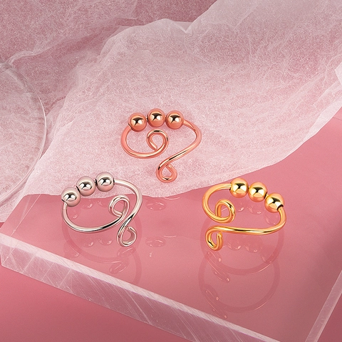 Bague Contre l'Anxiété en Cuivre pour Femmes Bague Pivotante Ouverte Réglable avec Perles Rotatives Bijoux Géométriques Anti-Stress Cadeau