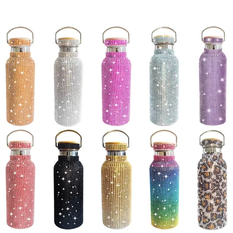 Rhinestone Insulated Water Bottle Bling Bling Vacuum Flask Double Walled Stainless Steel With Bamboo Lid And Portable Handle