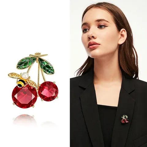 Cherry Fruit Brooch Pin Alloy Crystal Enamel Rhinestone Bee Artificial Pearl Decorative Apparel Accessory Women Style