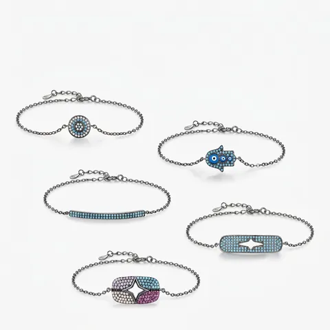 Pulsera De Plata De Ley 925 Mano De Hamsa Ojo Turco Estrella Turquesa Sintética Circonita Negro Chapado Estilo Gótico Mujeres