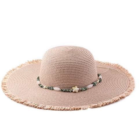 Women Wide Brim Straw Sun Hat UV Protection Beach Summer Travel Frayed Edge Beaded Starfish Shell Decoration Bohemian Style