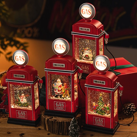 Christmas Gas Station Snow Globe Music Box LED Light Automatic Glitter Water Lantern Retro Desktop Holiday Gift Decor
