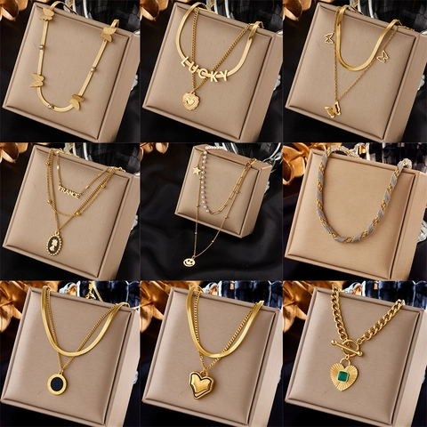 Stainless Steel Pave Rhinestone Pendant Necklace For Women Double Layer Snake Chain Heart Butterfly Lucky Letter Gold Jewelry