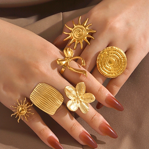 Stainless Steel Rings Gold Plated Flower Sun Dragonfly Bow Geometric Fashion Bohemian Jewelry For Women