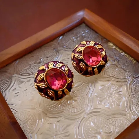 Vintage Palace Style Copper Stud Earrings With 925 Sterling Silver Earring Post Enamel Flower Rhinestone For Women