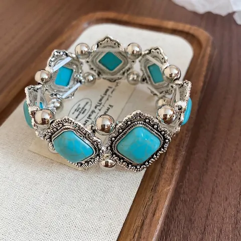 Bracciale Elastico Bohemien Vintage Lega Turchese Geometrico Rombo Retrò Inciso Bracciale Per Donne