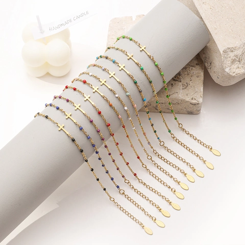 Bracciale In Acciaio Inossidabile Con Pendente A Croce E Perline Di Smalto Colorate Regolabile Placcato Oro Donna
