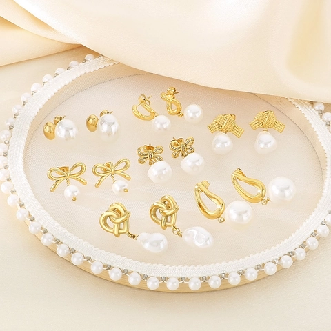 Titanium Steel Artificial Pearl Drop Earrings For Women Elegant Gold Plated Rhinestone Stainless Steel Bowknot Geometric Stud Earrings Gift