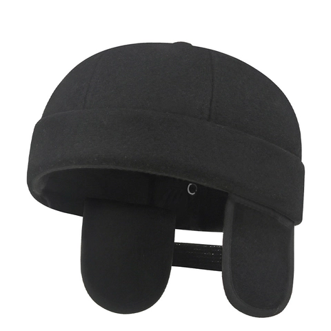 Docker Hat Woolen Fleece Lined Winter Warm Ear Flaps Brimless Miki Cap Adjustable Solid Color Retro