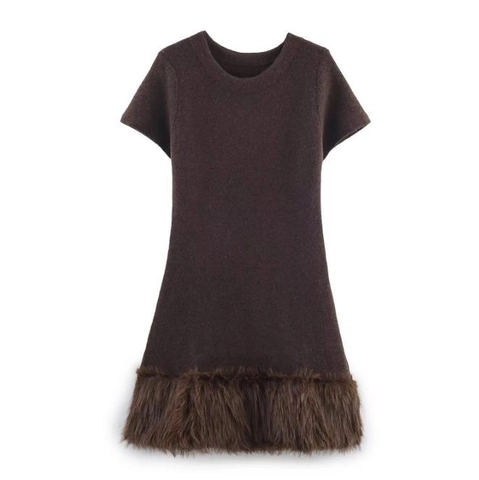Elegant Short Sleeve Mini Dress With Faux Fur Trim Patchwork Round Neck Solid Color Polyester Fashionable Women Dress
