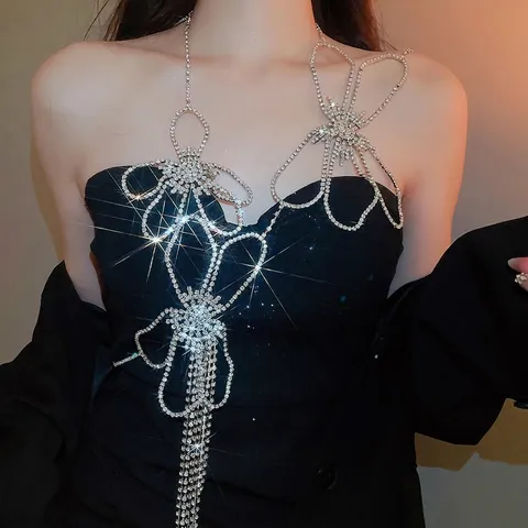 Funkelnde Strass Blumen Schmetterling Körperkette Lange Quasten Fransen Brustschmuck Für Damen Party Clubwear