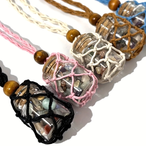 Handmade Woven Necklace Cord Empty Stone Holder Adjustable Net Pouch With Wooden Beads Bohemian Style Unisex Accessories