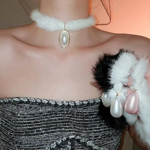 Collana Choker In Pelliccia Sintetica Con Pendente Di Perla Artificial Imitazione Elegante Girocollo In Peluche Per Donna