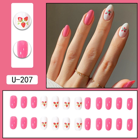 Sweet Strawberry Press On Nails Pink White Almond Shaped Glossy Artificial False Nails For Women Detachable Daily