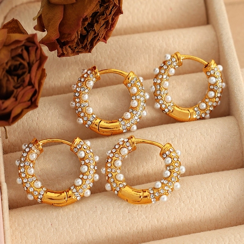 Gold Stainless Steel C-Shaped Hoop Earrings With Artificial Pearl And Rhinestone Vintage Elegant Jewelry For Women