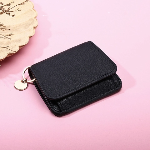 Portafoglio Donna Corto Pieghevole Pelle PU Martellata Minimalista Porta Carte Mini Portamonete Con Ciondolo Anello Metallo
