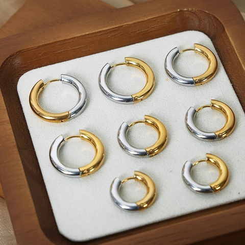 Orecchini A Cerchio In Acciaio Al Titanio Minimalisti Bicolore Oro E Argento Tondi Geometrici Huggie Gioielli Donna