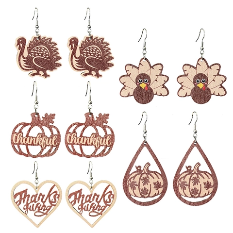 Thanksgiving Holz Ohrringe Truthahn Kürbis Blatt Herz Muster Hänger Schmuck Für Damen Herbst Festliches Party Accessoire