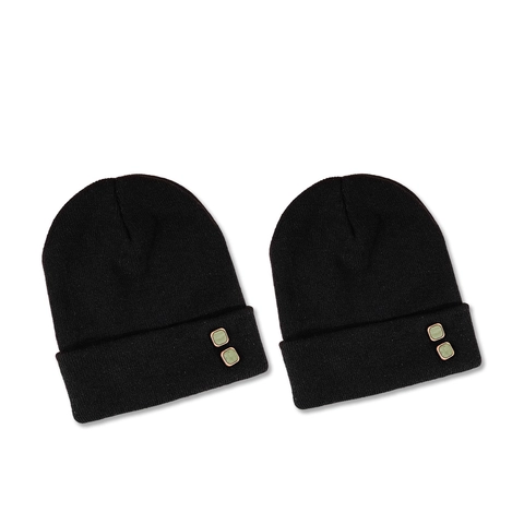 Trendy Black Acrylic Knit Beanie Hat With Green Square Decorative Buttons Cuffed Warm Winter Cap For Men Women