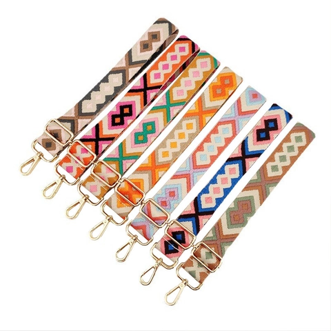 Wide Bag Strap Replacement Adjustable Shoulder Strap Ethnic Bohemian Geometric Embroidery Polyester Golden Metal Hooks