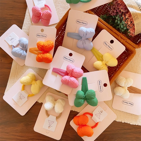 Kids Girls Bow Hair Clip Hair Tie Macaron Color Padded Quilted Fabric Sweet Cute Hair Accessory