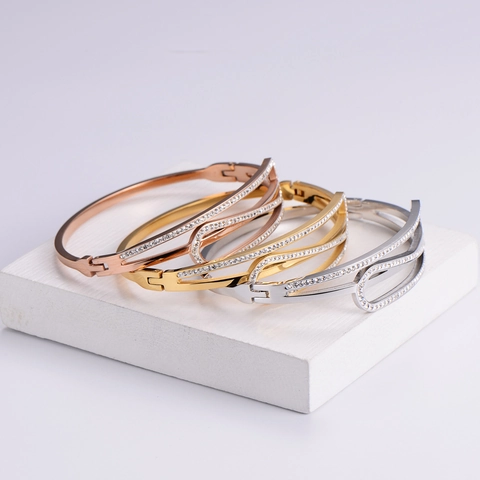 Brazalete Abierto Hueco Acero Inoxidable 316L Circonita Chapado En Oro 18K Joyería De Lujo Minimalista Para Mujeres