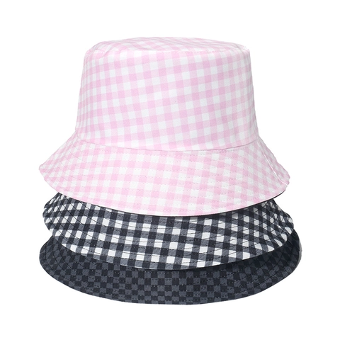 Reversible Checkered Bucket Hat Polyester Gingham Pattern Sun Protection Outdoor Travel Casual Retro Fisherman Cap Women