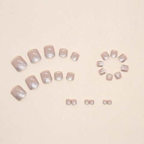 Press On Toe Nails Gradient Nude Pink Silver Glitter French Style False Toenails For Women Daily Summer Foot Decoration