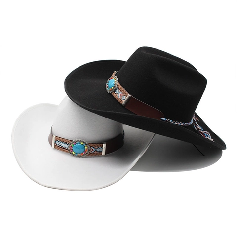 Western Cowboy Hat Woolen Felt Wide Brim Retro Tribal Turquoise Stone Ethnic Braided Band Tassels For Men Women