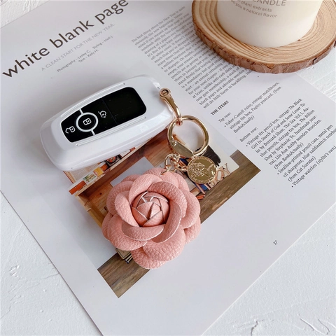 Llavero De Flor De Camelia Cuero Colgante De Bolso Con Moneda De Metal Dorado Elegante Llavero Para Coche Mujer