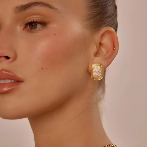 Square Oval Geometric Stud Earrings Stainless Steel With Full Rhinestones And Faux Artificial Pearls French Retro Light Luxury Jewelry Women