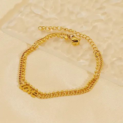 Doppelschichtiges Edelstahl Armband Mit Love Buchstaben Anhänger 18K Vergoldet Perlenkette Gliederkette Für Frauen Mode