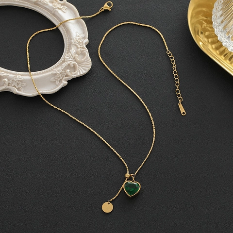 Smaragdgrüne Herz Edelstahl Halskette Für Damen Vergoldet Verstellbar Kordelzug Love Anhänger Eleganter Schmuck Geschenk
