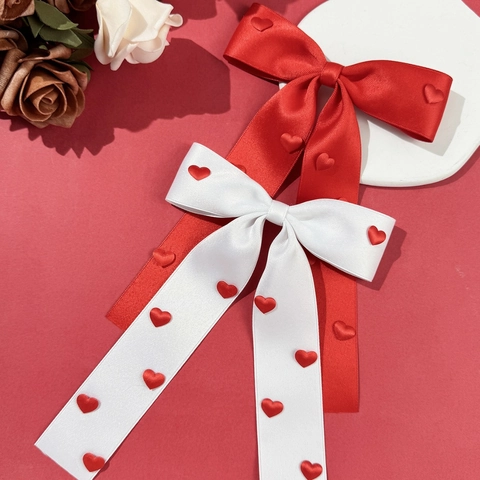 Pince À Cheveux Nœud En Ruban De Satin Avec Longues Lanières Cœurs Rouges Accessoires De Cheveux Pour Femmes Filles