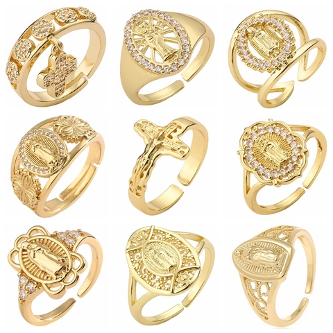 Anillos Abiertos De Cobre Chapado En Oro Con Incrustaciones De Zirconia Y Letras Cruzadas Retro