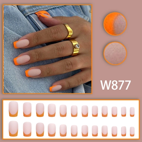 Unghie Finte French Opache Arancione Rosa Forma Quadrata Europea Manicure Fai Da Te Riutilizzabile Accessori Moda Per Donne