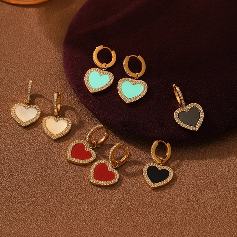 French Vintage Stainless Steel Heart Rhinestone Hoop Earrings For Women 18K Gold Plated Enamel Fashion Heart Jewelry