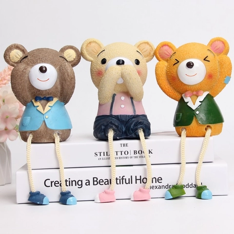 Resin Bear Figurines Hanging Leg Dolls Hear See Speak No Evil Theme Cute Desktop Home Decor Ornaments Gift Item