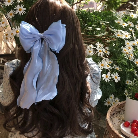Oversized Bow Hair Clip Iridescent Organza Shimmering Long Streamers Ruffle Edge Fairy Sweet Hair Accessory For Women