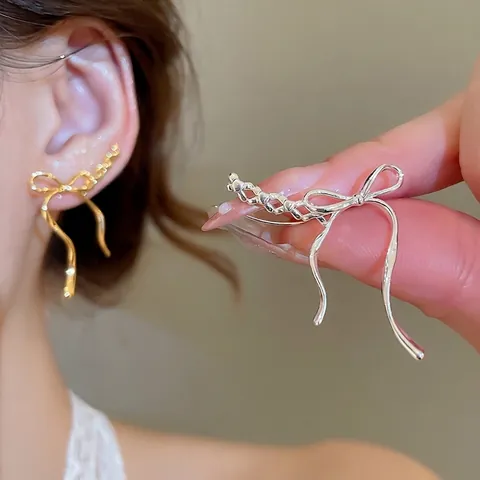 Orecchini Ear Climber Con Fiocco A Nastro Fluido Con Perno In Argento Sterling 925 Rame Elegante Minimalista Gioielli Donne