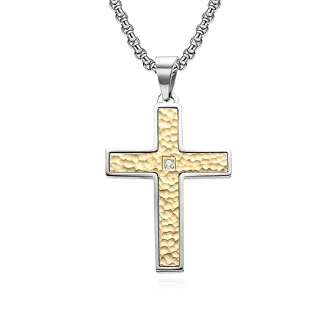 Collar Colgante Cruz Textura Martillada Acero Inoxidable Zircón Redondo Joyería Religiosa Retro Hombre Mujer