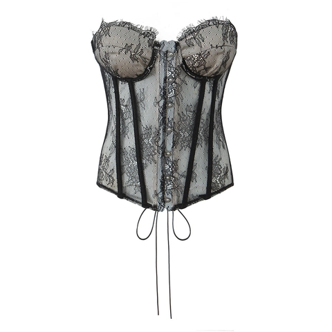 Top Corsetto In Pizzo Floreale Nero Bustier Snellente Senza Spalline Con Busk In Metallo E Stringatura Per Donna