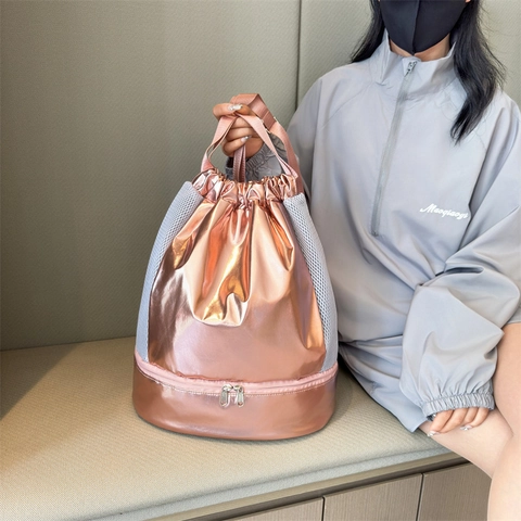 Metallic Luster Drawstring Backpack Large Capacity Dry Wet Separation Gym Swimming Bag With Shoe Compartment Women